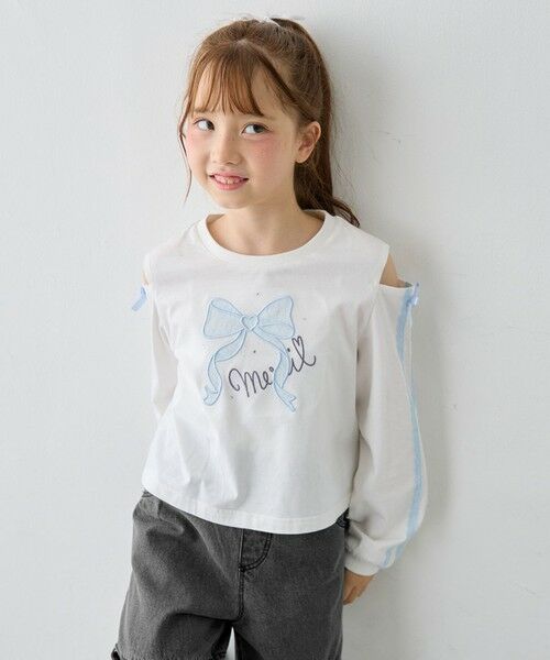 ANY / エニィ カットソー | 肩開きライン入り リボン長袖Tシャツ（ホワイト）