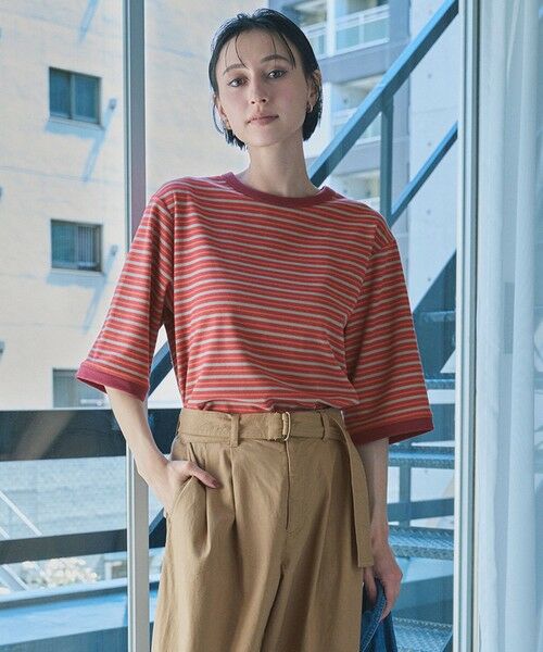 ANY / エニィ カットソー | 起毛ボーダーリンガーＴシャツ（ベリーピンクボーダー）
