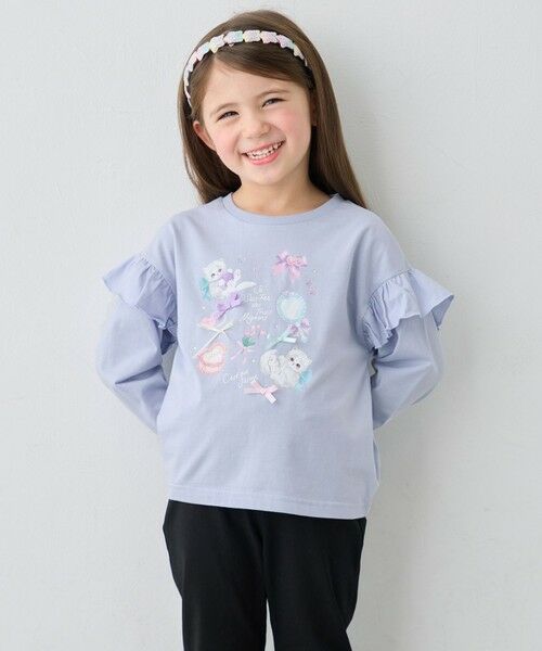 ANY / エニィ カットソー | 【綿100％】肩フリル ガーリープリント 長袖Tシャツ（サックスブルー（ネコ））