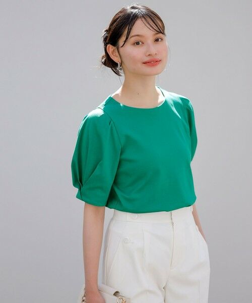 ANY SIS/エニィスィス 【撥水・汗ジミ防止・UVケア・洗える】スーピマスムース 袖タック Tシャツ グリーン 2 ANY SIS/エニィスィス 【撥水・汗ジミ防止・UVケア・洗える】スーピマスムース 袖タック Tシャツ グリーン 2