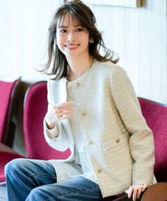 ANY SIS / エニィスィス ノーカラージャケット | ノーカラーフリンジツイード ジャケット