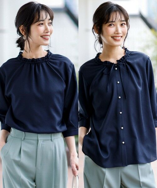 ANY SIS / エニィスィス シャツ・ブラウス | 【2WAY】スムージーポリエステル フリルネック ブラウス（ネイビー）
