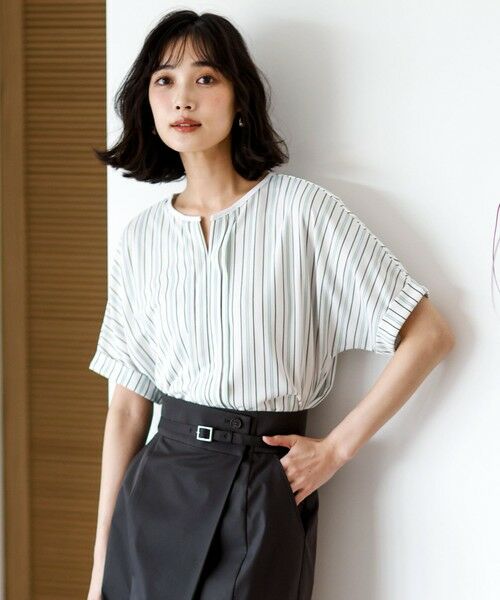 ANY SIS / エニィスィス カットソー | ジョーゼットフロントタック プルオーバー（オフストライプ）