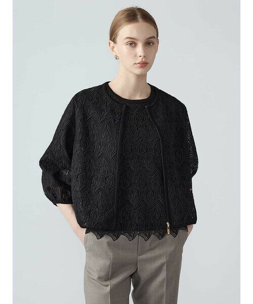 Aquascutum / アクアスキュータム ニット・セーター | 【アンサンブル対応】レースコンビジップカーディガン（ﾌﾞﾗｯｸ）