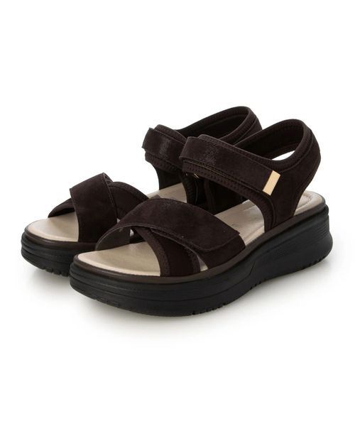 Atelier / アトリエ サンダル | 【3E】【軽量】ストレッチ素材クロスベルトスポーツサンダル（ダークブラウンその他）