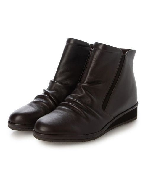 Atelier / アトリエ ブーツ（ショート丈） | 【3E】晴雨兼用ギャザーデザインショートブーツ（ダークブラウン）