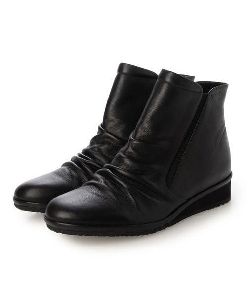 Atelier / アトリエ ブーツ（ショート丈） | 【3E】晴雨兼用ギャザーデザインショートブーツ（ブラック）