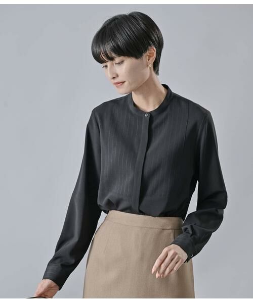 Atraer/アトラエル シフォンストレッチ 飾りステッチ切替ブラウス ブラック 11号 Atraer/アトラエル シフォンストレッチ 飾りステッチ切替ブラウス ブラック 11号