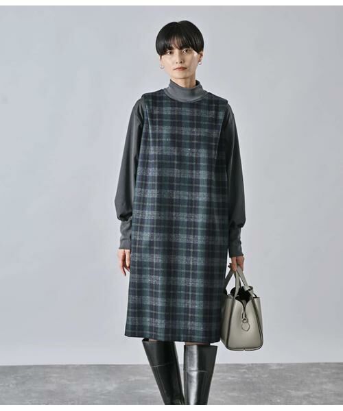 Atraer/アトラエル ストレッチツィードチェック サックドレス ボトルグリーン 9号 Atraer/アトラエル ストレッチツィードチェック サックドレス ボトルグリーン 9号