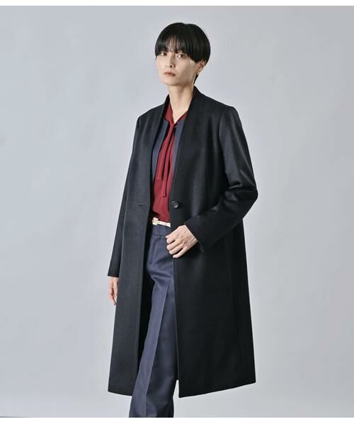 Atraer/アトラエル カシミヤ混ビーバー ノーカラーVネックコート ネイビー 9号 Atraer/アトラエル カシミヤ混ビーバー ノーカラーVネックコート ネイビー 9号