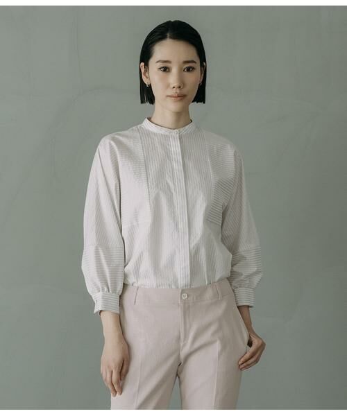 Atraer / アトラエル シャツ・ブラウス | シルキーコットンストライプ 切り替えデザインブラウス（シルバー）