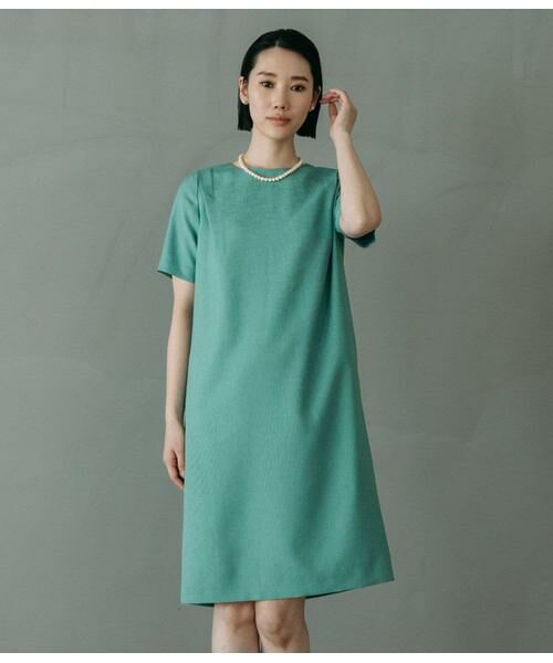 Atraer / アトラエル ミニ丈・ひざ丈ワンピース | リネンライクオックス 半袖サックワンピース(グリーン)