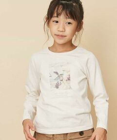 ◆今年買い足したいフォトプリントＴシャツ◆<br><br>フォトプリントが大人っぽい長袖Ｔシャツです。<br>１枚着でももちろん、ジャケットなどのアウターを着用する時期になっても可愛い１枚。<br>スカートにも、パンツにも、柄ボトムにも、とボトムを選ばないデザインなので、着回ししやすいのもポイント。<br>伸縮性のある綿１００％の天竺素材を使用しています。<br><br>※同じデザインの100〜130サイズ・160サイズもございます。<br>100〜130サイズ商品コード:KJKKJ14019<br>160サイズ商品コード：KJKKL14029<br>※サンプルでの撮影となるため、実際にお届けする商品と仕様やサイズが異なる場合がございます。