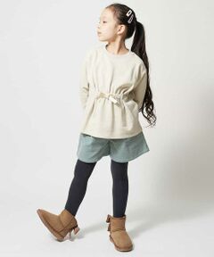 ◆これ一枚でコーディネートが完成！◆<br><br>ウェストにギャザーアクセントを施したチュニック丈トレーナーと、太めの畝のコーデュロイのショートパンツのセットアップ。<br>セットではもちろん、別々でも使いやすく汎用性の高いアイテムです。<br><br>※同じデザインの100〜130サイズ・160サイズもございます。<br>100〜130サイズ商品コード:KJNLJ80049<br>160サイズ商品コード：KJNLL80064