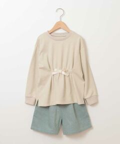 ◆これ一枚でコーディネートが完成！◆<br><br>ウェストにギャザーアクセントを施したチュニック丈トレーナーと、太めの畝のコーデュロイのショートパンツのセットアップ。<br>セットではもちろん、別々でも使いやすく汎用性の高いアイテムです。<br><br>※160サイズはWEB・一部店舗限定販売です。<br>同じデザインの100〜150サイズございます。<br>100〜130サイズ商品コード:KJNLJ80049<br>140・150サイズ商品コード:KJNLK80059