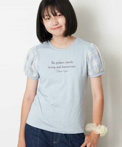 [140-150]チュールチェックパフスリーブロゴプリントTシャツ