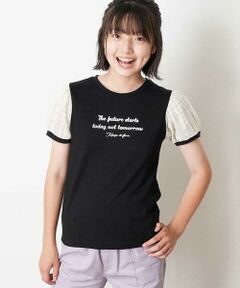 [140-150]チュールチェックパフスリーブロゴプリントTシャツ