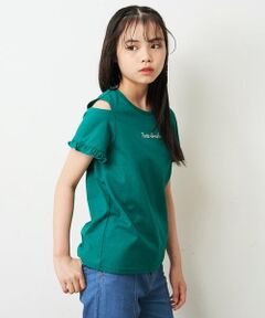 [140-150]【接触冷感/毛玉になりにくい/らく〜るTEE】袖フリルオフショルダーロゴTシャツ