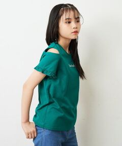 [160]【接触冷感/毛玉になりにくい/らく〜るTEE】袖フリルオフショルダーTシャツ