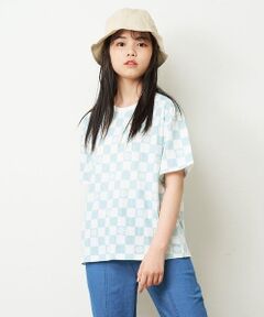 [160]フラワーチェッカープリントボックスシルエットTシャツ