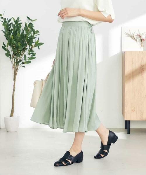 a.v.v / アー・ヴェ・ヴェ ロング・マキシ丈スカート | 【洗える/イージーケア】サテンギャザースカート(グリーン)