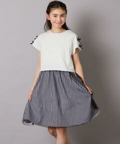 [140-150]袖リボンチュールドッキングワンピース
