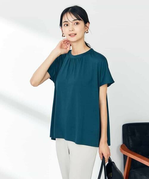 【新品】AP STUDIO フレンチスリーブカットソー　ネイビー 接触冷感/速乾/UVカット】ギャザーネックフレンチスリーブ
