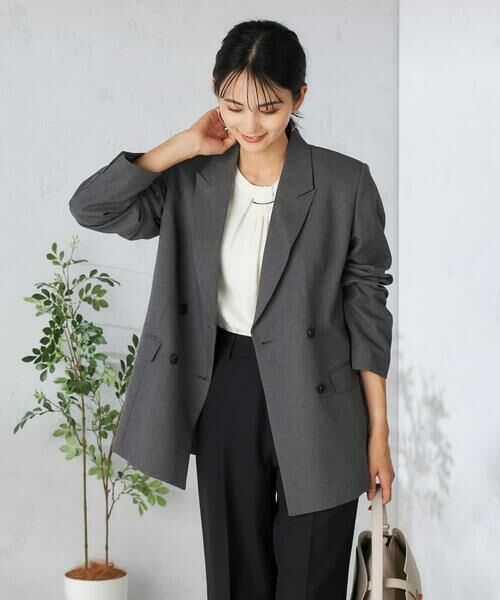 a.v.v/アー・ヴェ・ヴェ 【洗える/イージーケア/吸水速乾/ストレッチ】梳毛調ダブルブレストジャケット ダークグレー S