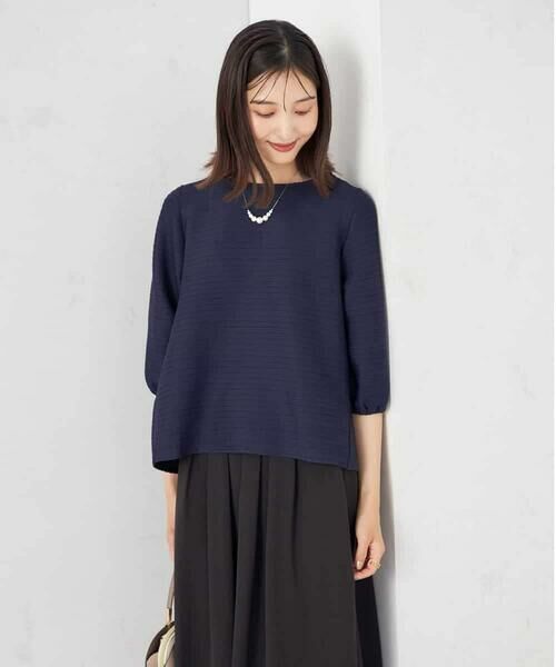 a.v.v / アー・ヴェ・ヴェ カットソー | ピンタックボーダークロップドトップス(ネイビー)