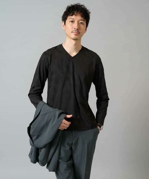 a.v.v / アー・ヴェ・ヴェ カットソー | 【イージーケア/毛玉になりにくい】ダイヤジャカードＶネックＴシャツ　通勤/ビジネス/ジャケット〈ON/OFF SERIES〉 | 詳細15