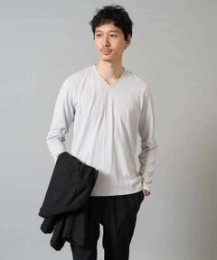 a.v.v / アー・ヴェ・ヴェ カットソー | 【イージーケア/毛玉になりにくい】ストライプジャガードVネックTシャツ【洗濯機で洗える】通勤/ビジネス/ジャケット〈ON/OFF SERIES〉