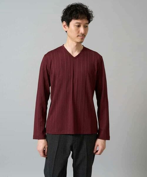 a.v.v / アー・ヴェ・ヴェ カットソー | 【イージーケア/毛玉になりにくい】ストライプジャガードVネックTシャツ【洗濯機で洗える】通勤/ビジネス/ジャケット〈ON/OFF SERIES〉 | 詳細4