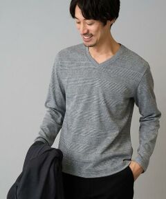 a.v.v / アー・ヴェ・ヴェ カットソー | 【イージーケア/洗濯機で洗える】グレンチェックジャカードＶネックＴシャツ　通勤/ビジネス/ジャケット〈ON/OFF SERIES〉