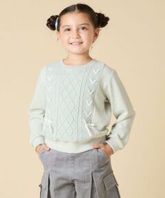 [120-160]【通学にもオススメ/ケーブルニット×裏毛/編み上げリボン】ケーブルニットドッキングトレーナー