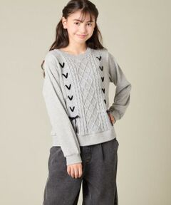 a.v.v / アー・ヴェ・ヴェ ニット・セーター | [120-160]【通学にもオススメ/ケーブルニット×裏毛/編み上げリボン】ケーブルニットドッキングトレーナー