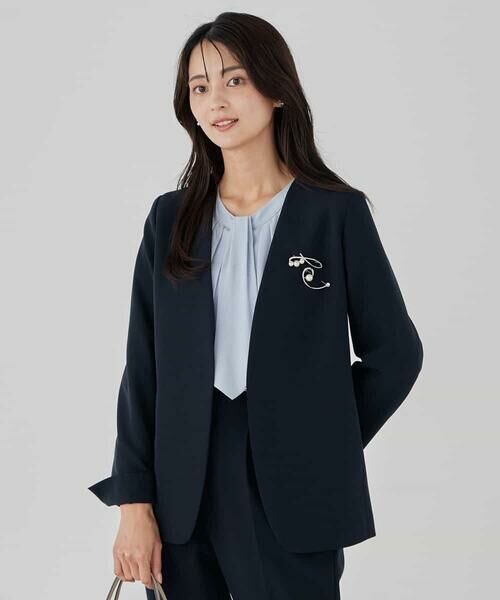 a.v.v / アー・ヴェ・ヴェ ノーカラージャケット | 【洗える/ストレッチ/セットアップ対応】ダブルクロスVネックノーカラージャケット(ネイビー)