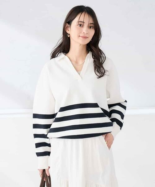 a.v.v / アー・ヴェ・ヴェ ニット・セーター | ヘンリーネックボーダーニット（ホワイト×ブラック）