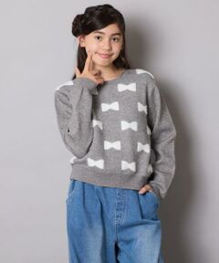 a.v.v / アー・ヴェ・ヴェ ニット・セーター | [120-160]【肌触りの良いもっちり素材/フェザーヤーンリボン/クロップド丈】リボンジャガードニット