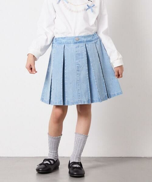 a.v.v / アー・ヴェ・ヴェ ミニ・ひざ丈スカート | [120-160]ビジューデニムプリーツスカート（ライトブルー）