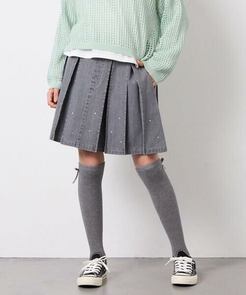 a.v.v / アー・ヴェ・ヴェ ミニ・ひざ丈スカート | [120-160]ビジューデニムプリーツスカート（ライトグレー）