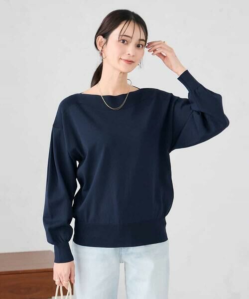 a.v.v / アー・ヴェ・ヴェ ニット・セーター | 【洗える/UVカット】ボートネック袖タックニット（ネイビー）