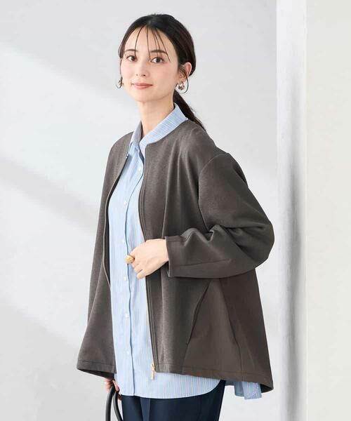 a.v.v / アー・ヴェ・ヴェ ノーカラージャケット | 異素材切り替えノーカラーブルゾン（ダークグレー）