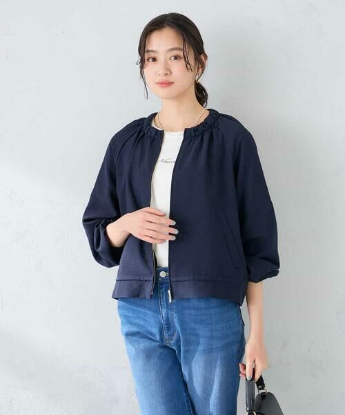 a.v.v / アー・ヴェ・ヴェ ノーカラージャケット | 【接触冷感/UVカット】リネンライクノーカラージップブルゾン【セットアップ対応/アンチピリング】 | 詳細1