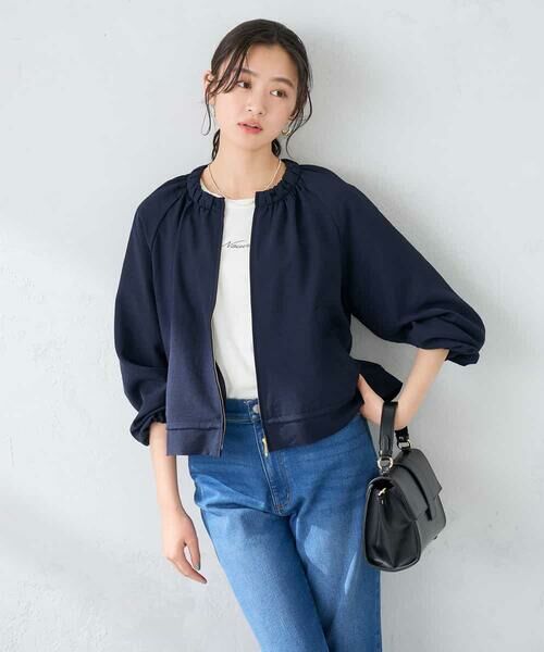 a.v.v / アー・ヴェ・ヴェ ノーカラージャケット | 【接触冷感/UVカット】リネンライクノーカラージップブルゾン【セットアップ対応/アンチピリング】（ネイビー）