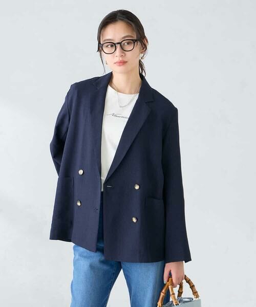 a.v.v / アー・ヴェ・ヴェ セットアップ | 【接触冷感/UVカット】リネンライクダブルブレストジャケット【セットアップ対応/アンチピリング】（ネイビー）