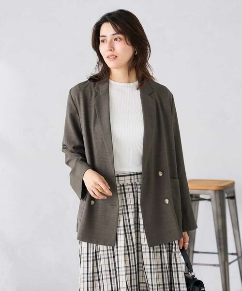 a.v.v / アー・ヴェ・ヴェ セットアップ | 【接触冷感/UVカット】リネンライクダブルブレストジャケット【セットアップ対応/アンチピリング】（ダークグレー）