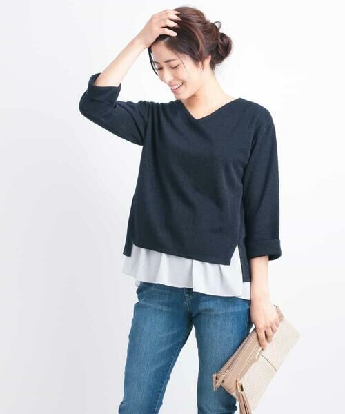 a.v.v / アー・ヴェ・ヴェ カットソー | ラメデザインレイヤードトップス[WEB限定サイズ]（ネイビー）