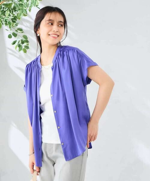 a.v.v / アー・ヴェ・ヴェ シャツ・ブラウス | 【接触冷感/UVカット】サテンギャザーブラウス【吸水速乾/イージーケア】（パープル）