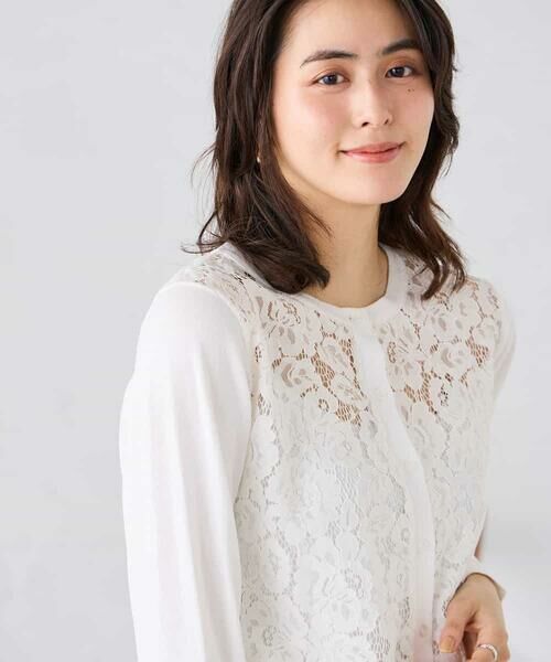 a.v.v / アー・ヴェ・ヴェ カーディガン・ボレロ | レースコンビクルーネックカーディガン（ホワイト）