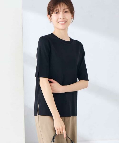 a.v.v / アー・ヴェ・ヴェ ニット・セーター | ハーフスリーブクルーネックサマーニット【洗える/接触冷感/UVカット】(ブラック)